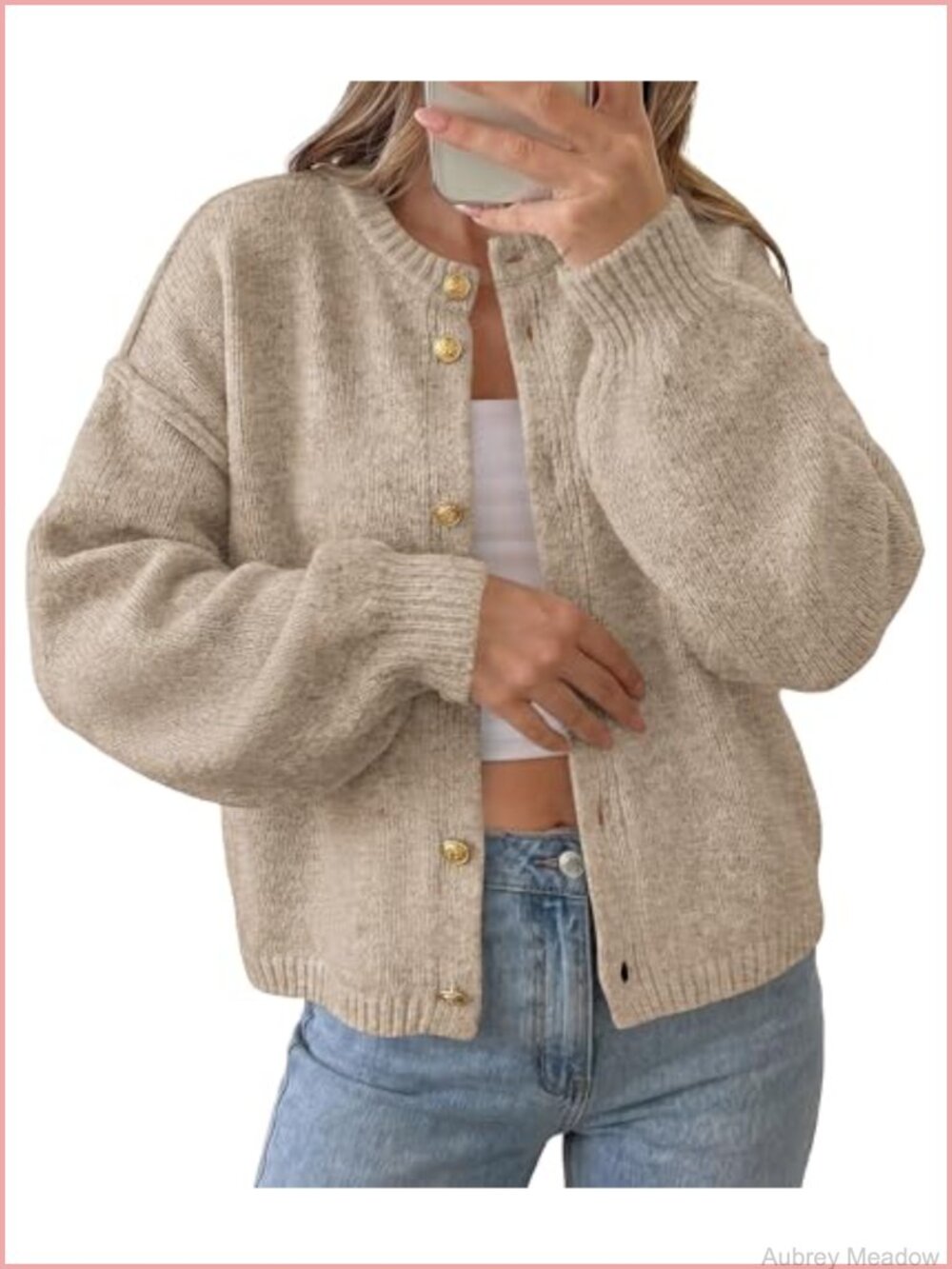 Chunky Knit Button Up Cardigan Crew Neck Lantern Sleeve Oversized